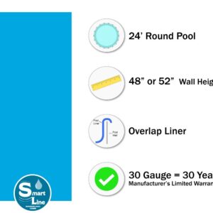 Smartline Solid Blue 24 Foot Round Liner | Overlap Style | 48-to-52-Inch Wall Height | 30 Gauge Virgin Vinyl | Designed for Steel Sided Above-Ground Swimming Pools