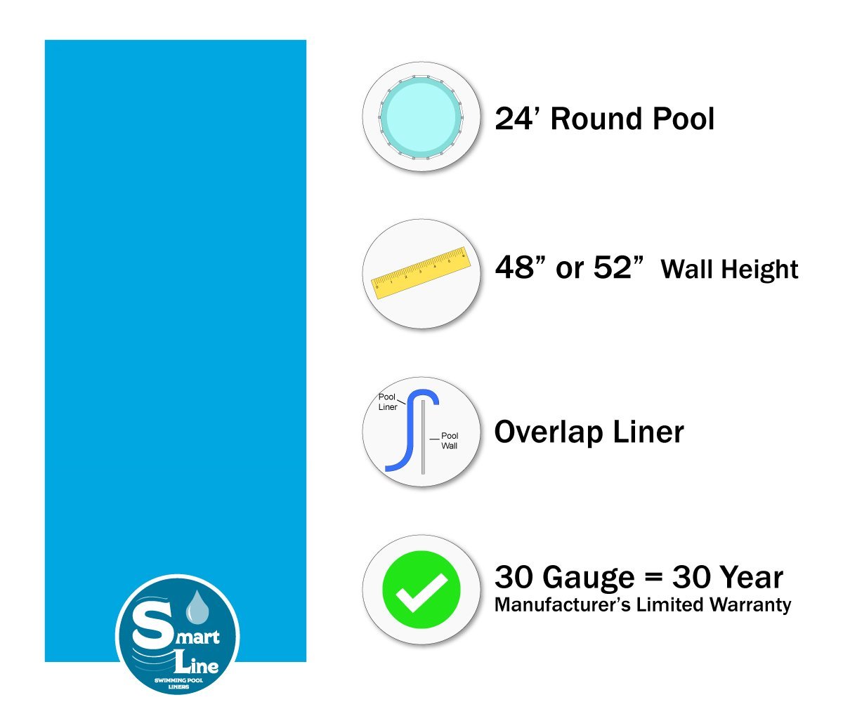 Smartline Solid Blue 24 Foot Round Liner | Overlap Style | 48-to-52-Inch Wall Height | 30 Gauge Virgin Vinyl | Designed for Steel Sided Above-Ground Swimming Pools