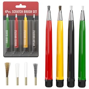 pixiss scratch brush pen set with replacement tips, fiberglass, steel, brass, nylon, 5-inches pen style prep sanding brush 4-pack for corrosion, rust, jewelry, circuit boards and auto body work