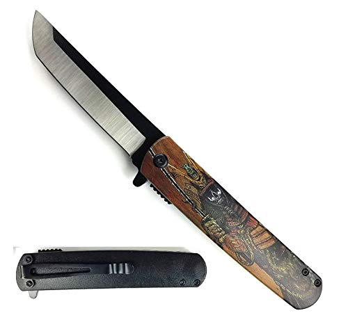 Falcon Spring Assisted Open Pocket Folding Knife with Japanese Culture Art Design Handle for Collection, Gift, Hunting, Fishing, Camping and Daily Used (Skull Samurai)