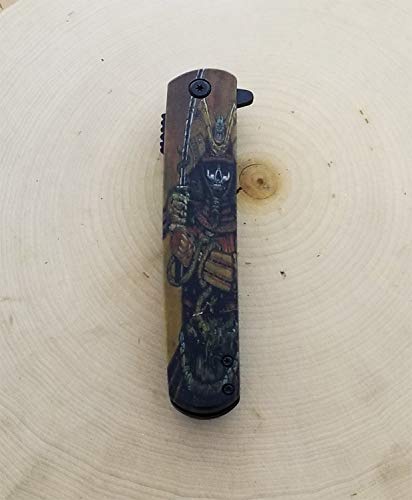 Falcon Spring Assisted Open Pocket Folding Knife with Japanese Culture Art Design Handle for Collection, Gift, Hunting, Fishing, Camping and Daily Used (Skull Samurai)