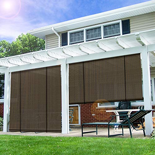 E&K Sunrise 6'W x 6'H Roll Up Shade Outdoor Roller Shade Blind Sun Shade UV Block for Patio Porch Backyard Gazebo Deck Pergola (Brown)