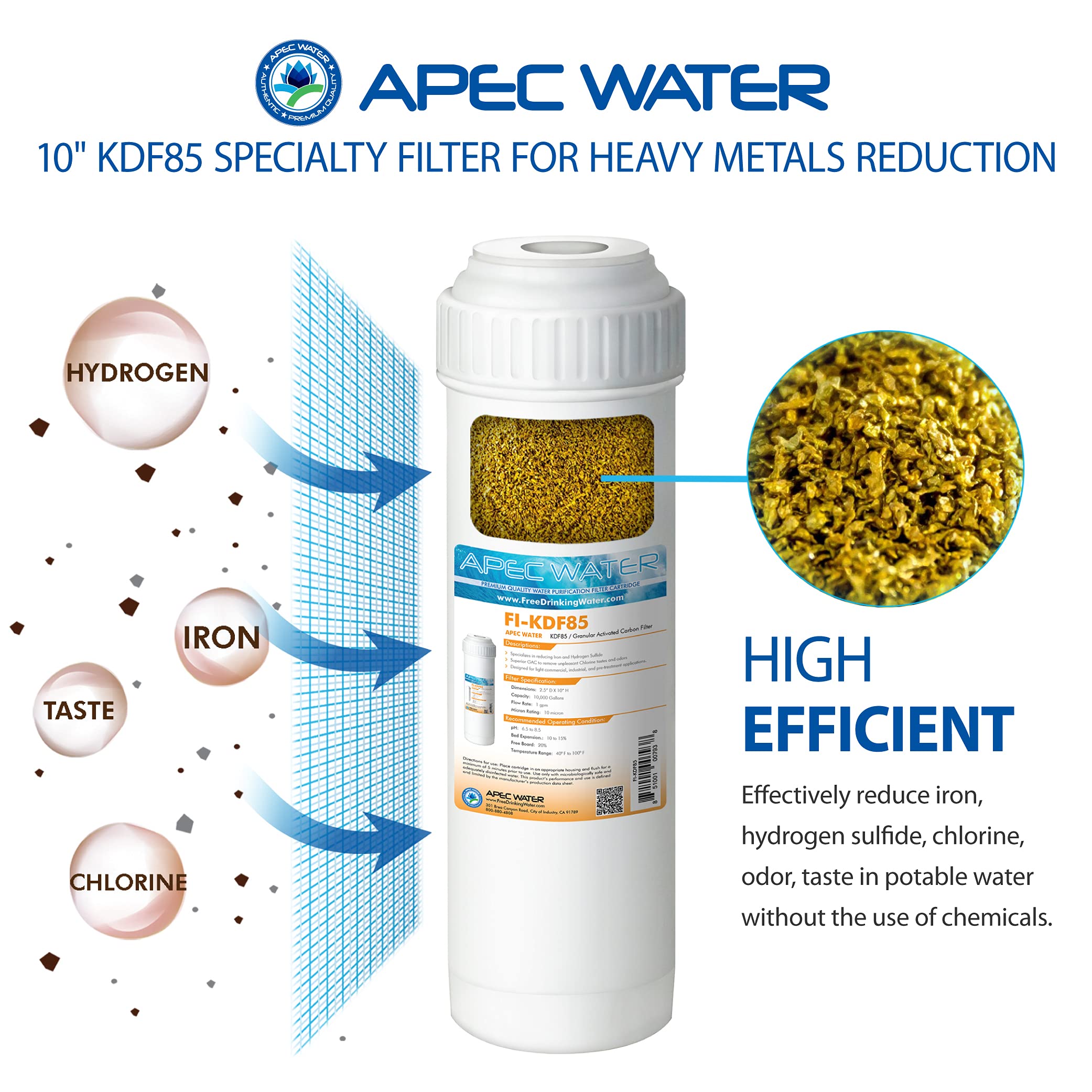 APEC Water Systems FI-KDF85 Iron and Hydrogen Sulfide Reduction Specialty Water Filter, 2.5"x10