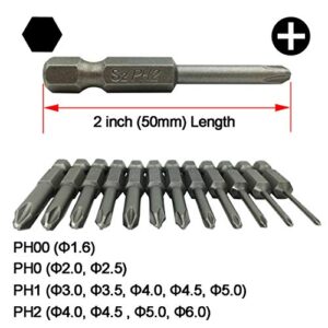 YDLQWCZ Phillips Cross Screwdriver Bits, 12Pcs 1/4 Hex Shank Magnetic Cross Phillips Screw Head Screwdriver Bits Electric Screwdriver Set Power Tools | 2 inch length