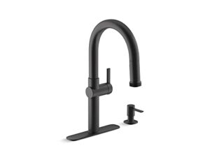 kohler r22153-sd-bl rune single handle kitchen faucet with pull down sprayer and soap dispenser, matte black