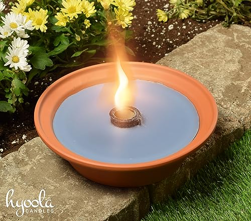 Hyoola 5 Hour Outdoor Firebowl Candle - Unscented Large Flame Wick in Terra Cotta Bowl - Insect and Mosquito Repellent Effect - for Table, Patio, Yard, Camping, Outdoors - Blue.