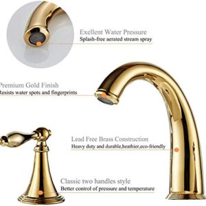 Beelee Gold Solid Brass Widespread Bathroom Faucet 3 Hole Two Handle Deck Mounted Faucet High Arc Lavatory Sink Taps with Ceramic Valve and 2 Hoses