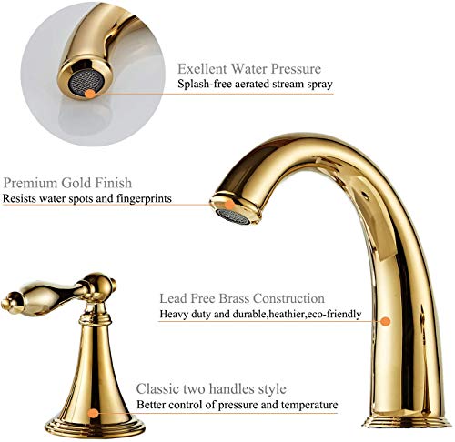 Beelee Gold Solid Brass Widespread Bathroom Faucet 3 Hole Two Handle Deck Mounted Faucet High Arc Lavatory Sink Taps with Ceramic Valve and 2 Hoses