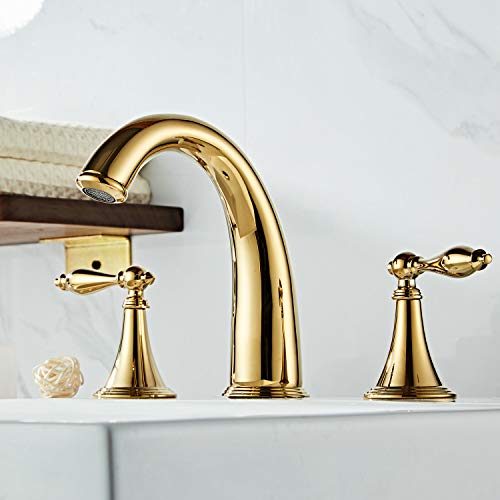 Beelee Gold Solid Brass Widespread Bathroom Faucet 3 Hole Two Handle Deck Mounted Faucet High Arc Lavatory Sink Taps with Ceramic Valve and 2 Hoses