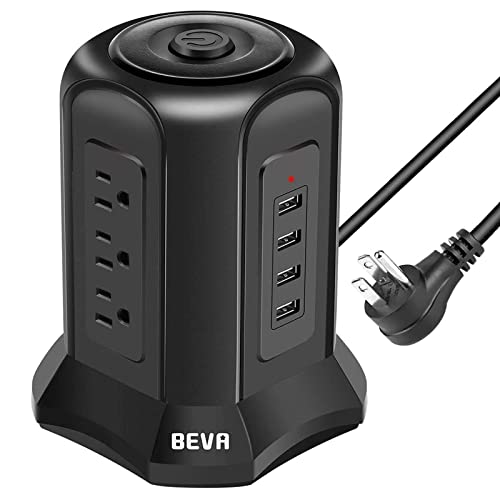 Power Strip Tower Surge Protector, BEVA Surge Protector Tower with 9 AC Outlet and 4 USB Ports, 18AWG 6.5 Feet Extension Cord, 3-Prong Flat Plug, Multiple Outlets for Office Apartment Dorm Essentials