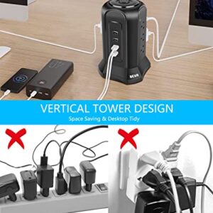 Power Strip Tower Surge Protector, BEVA Surge Protector Tower with 9 AC Outlet and 4 USB Ports, 18AWG 6.5 Feet Extension Cord, 3-Prong Flat Plug, Multiple Outlets for Office Apartment Dorm Essentials