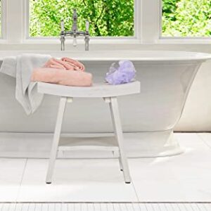 CoastalVogue Serenity Shower Stool Teak Wood Eastern Style Shower Bench with Curved Seat and Storage Shelf, Wood Shower Seat Stool in Antique White Finish - 18 inches