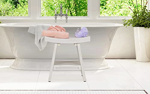 CoastalVogue Serenity Shower Stool Teak Wood Eastern Style Shower Bench with Curved Seat and Storage Shelf, Wood Shower Seat Stool in Antique White Finish - 18 inches