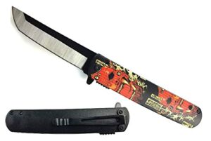falcon spring assisted open pocket folding knife with japanese culture art design handle for collection, gift, hunting, fishing, camping and daily used (oni)