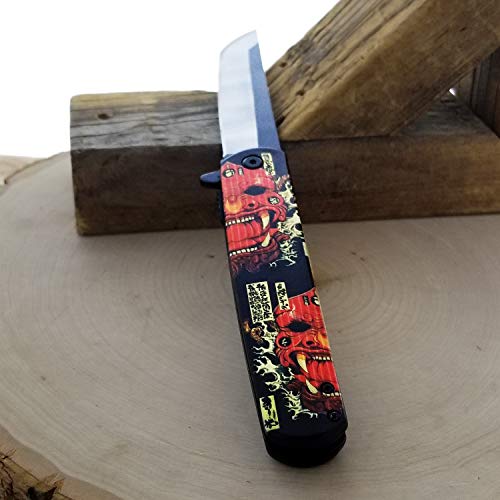 Falcon Spring Assisted Open Pocket Folding Knife with Japanese Culture Art Design Handle for Collection, Gift, Hunting, Fishing, Camping and Daily Used (Oni)