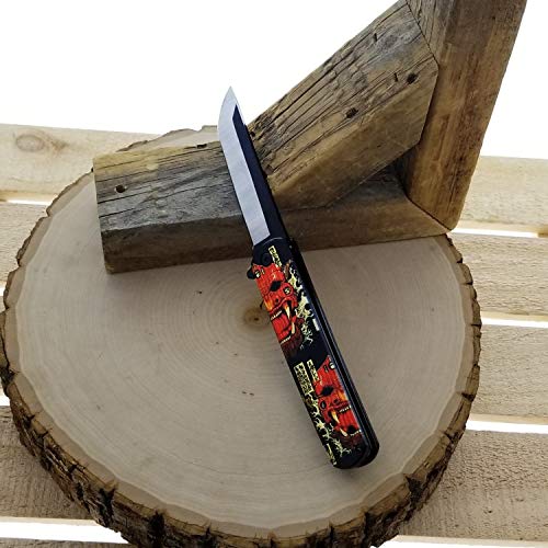 Falcon Spring Assisted Open Pocket Folding Knife with Japanese Culture Art Design Handle for Collection, Gift, Hunting, Fishing, Camping and Daily Used (Oni)