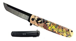falcon spring assisted open pocket folding knife with japanese culture art design handle for collection, gift, hunting, fishing, camping and daily used (musashi)