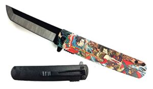 falcon spring assisted open pocket folding knife with japanese culture art design handle for collection, gift, hunting, fishing, camping and daily used (ronin)
