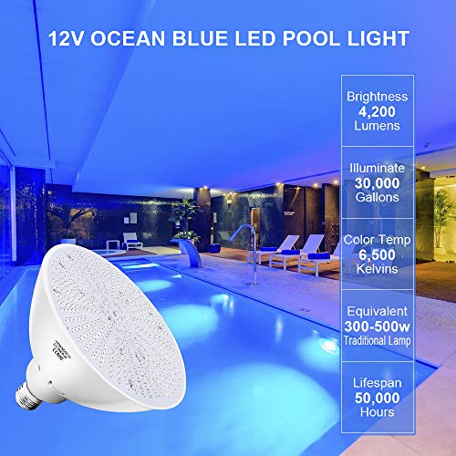 XIUBE 12V 36W LED Pool Bulb Ocean Blue Light, 4200lm 6500K Endless Dark Blue Color E26 Base Replacement for Incandescent Bulbs in Swimming Pool Light