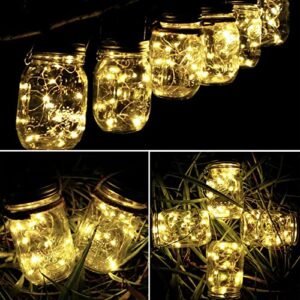 Solar Mason Jar Light Lids 10 Pack 20 LED Fairy String Light Inserts for Jars with Hangers Starry Lighting Waterproof Rust Resist for Patio Lawn Garden Wedding Lantern Decor No Jars (Warm White)
