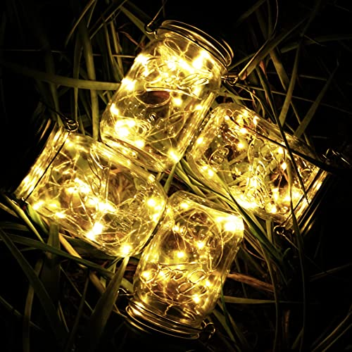 Solar Mason Jar Light Lids 10 Pack 20 LED Fairy String Light Inserts for Jars with Hangers Starry Lighting Waterproof Rust Resist for Patio Lawn Garden Wedding Lantern Decor No Jars (Warm White)
