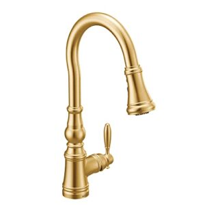 moen weymouth brushed gold traditional shepherd's hook pulldown kitchen faucet featuring pull down spray head with power boost, s73004bg