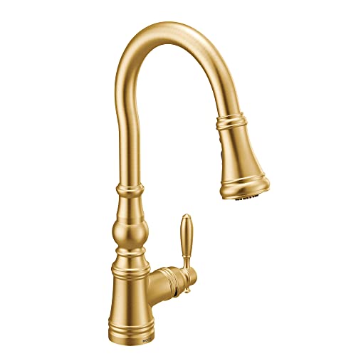 Moen Weymouth Brushed Gold Traditional Shepherd's Hook Pulldown Kitchen Faucet Featuring Pull Down Spray Head with Power Boost, S73004BG