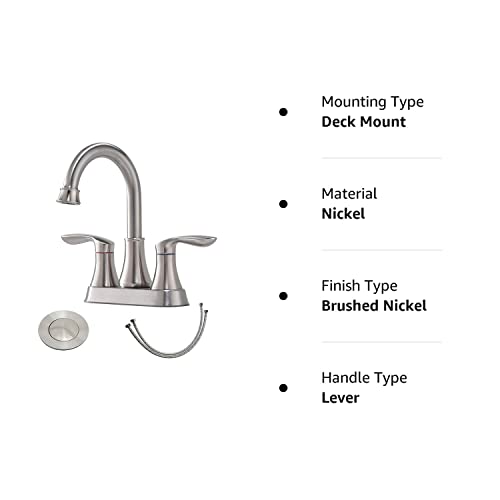Friho Centerset Lead-Free Modern Commercial 2-Handle Brushed Nickel Bathroom Faucet, 4 inch RV Bathroom Sink Faucet 3 Hole Bath Vanity Faucets with Drain Stopper and Water Hoses