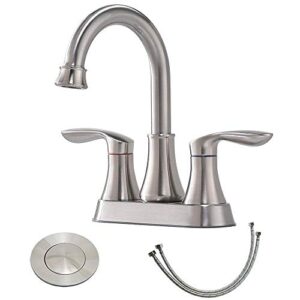 friho centerset lead-free modern commercial 2-handle brushed nickel bathroom faucet, 4 inch rv bathroom sink faucet 3 hole bath vanity faucets with drain stopper and water hoses