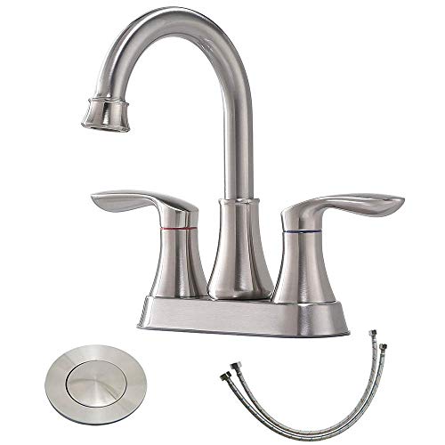 Friho Centerset Lead-Free Modern Commercial 2-Handle Brushed Nickel Bathroom Faucet, 4 inch RV Bathroom Sink Faucet 3 Hole Bath Vanity Faucets with Drain Stopper and Water Hoses