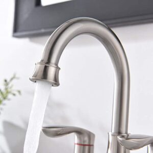 Friho Centerset Lead-Free Modern Commercial 2-Handle Brushed Nickel Bathroom Faucet, 4 inch RV Bathroom Sink Faucet 3 Hole Bath Vanity Faucets with Drain Stopper and Water Hoses