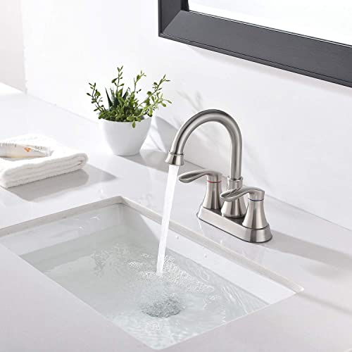 Friho Centerset Lead-Free Modern Commercial 2-Handle Brushed Nickel Bathroom Faucet, 4 inch RV Bathroom Sink Faucet 3 Hole Bath Vanity Faucets with Drain Stopper and Water Hoses