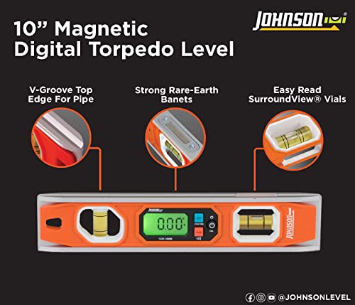 Johnson Level & Tool 1435-1000D Magnetic Programmable Digital Torpedo Level, 10", Orange, 1 Level