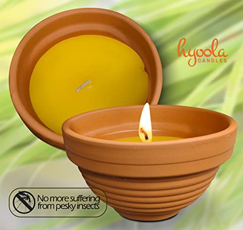 HYOOLA Citronella Candles in Terra Cotta Bowl - 2 Pack - 12 Hour - Large Flame, Insect and Mosquito Repellent Effect, European Made