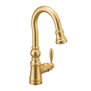 moen s53004bg weymouth shepherd's hook pulldown kitchen bar faucet featuring metal wand with power clean, brushed gold