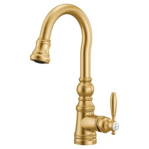 Moen S53004BG Weymouth Shepherd's Hook Pulldown Kitchen Bar Faucet Featuring Metal Wand with Power Clean, Brushed Gold