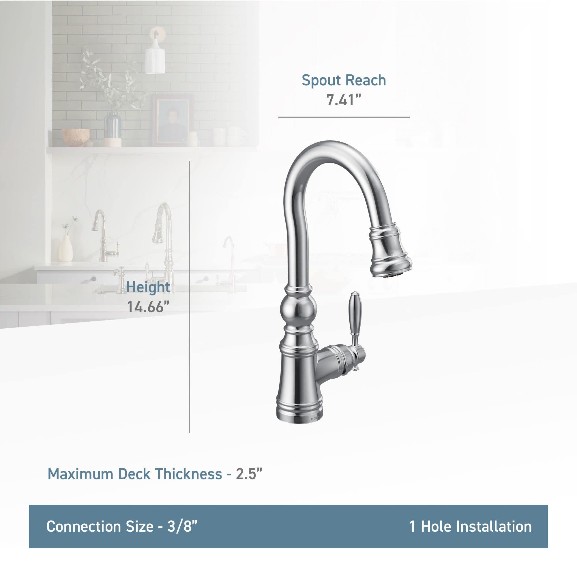 Moen S53004BG Weymouth Shepherd's Hook Pulldown Kitchen Bar Faucet Featuring Metal Wand with Power Clean, Brushed Gold