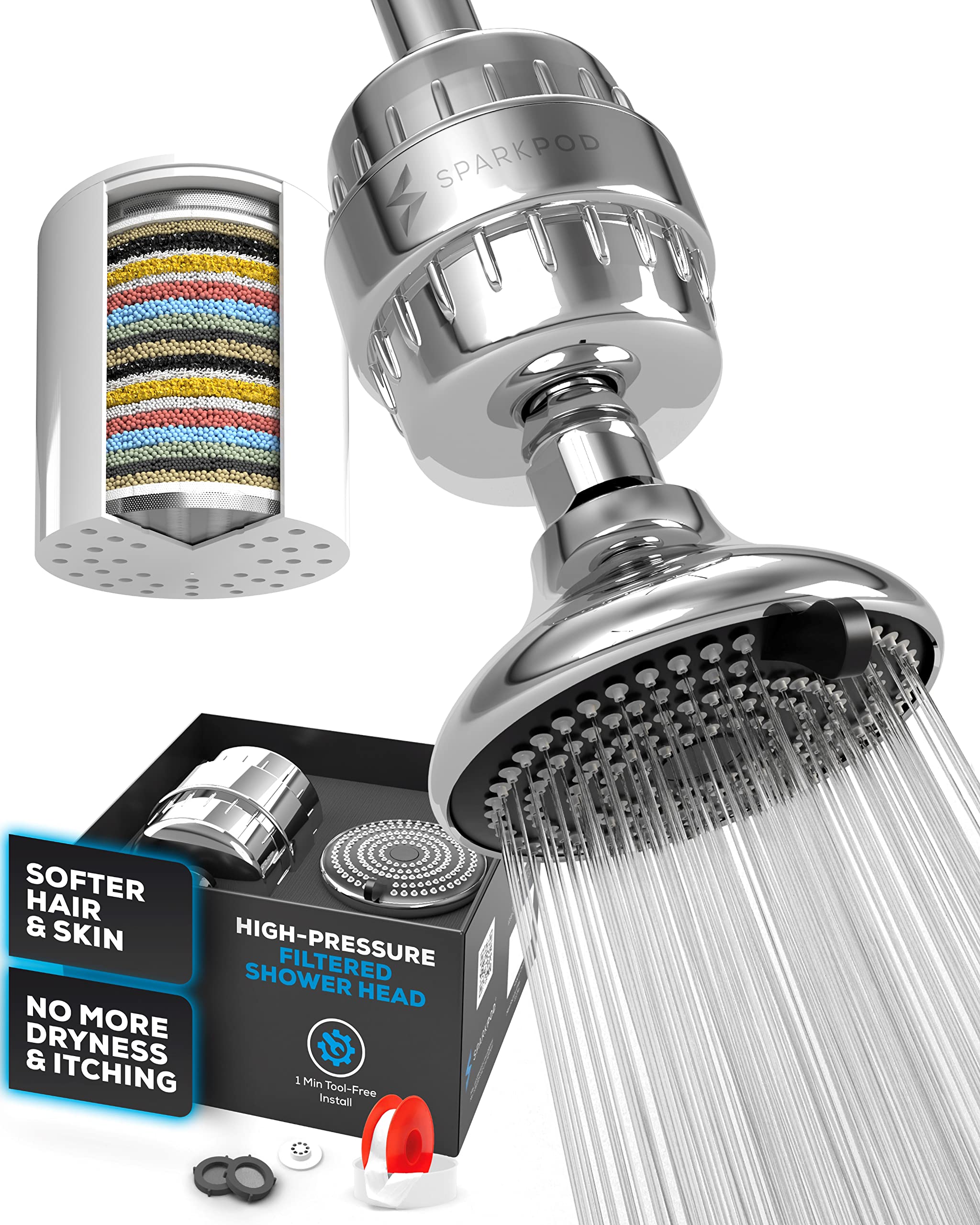 SparkPod Luxury Filtered Shower Head Set 23 Stage Shower Filter - Removes Chlorine and Heavy Metals - 3 Spray Settings Shower Head Filter for Hard Water - Showerhead with Filter (Polished Chrome)