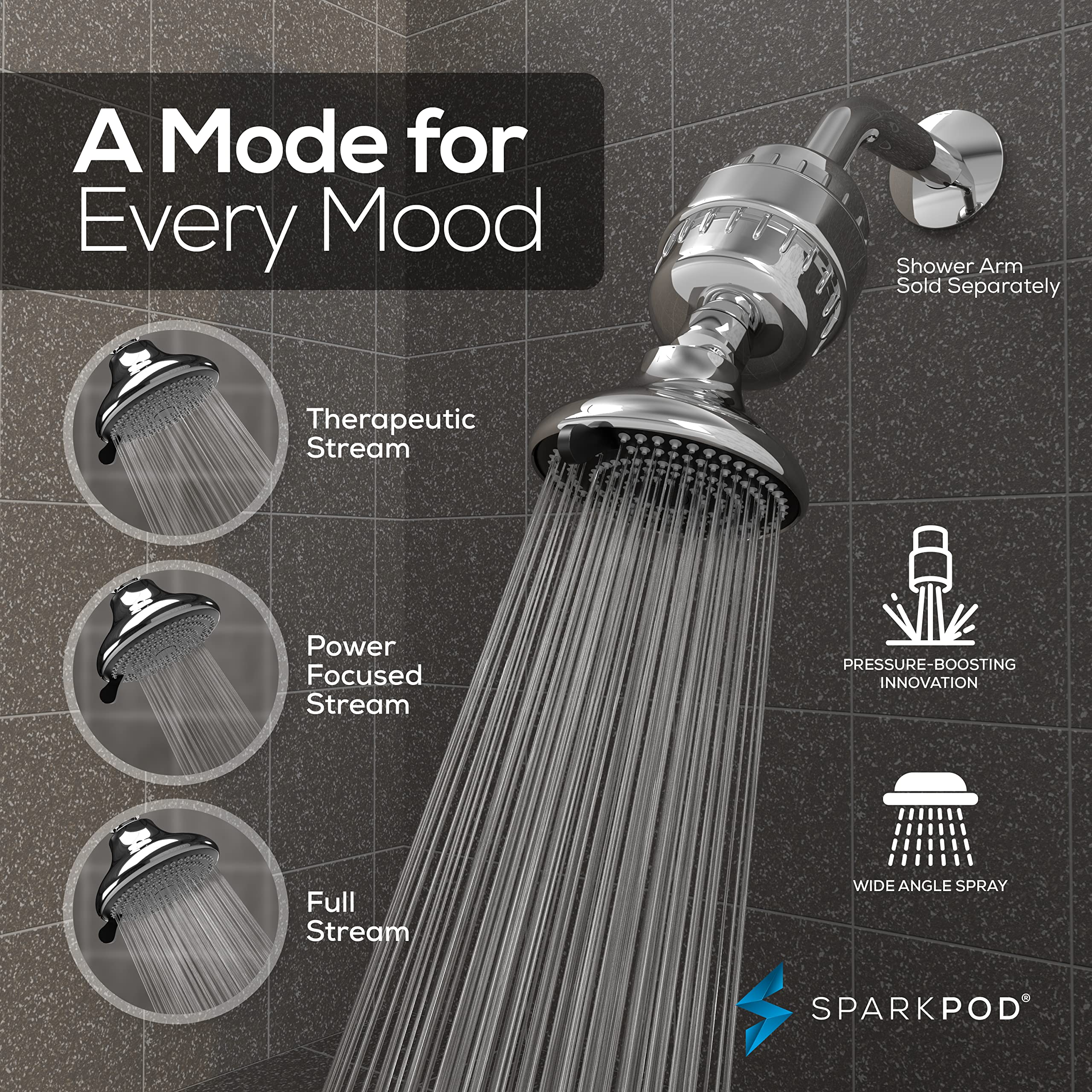 SparkPod Luxury Filtered Shower Head Set 23 Stage Shower Filter - Removes Chlorine and Heavy Metals - 3 Spray Settings Shower Head Filter for Hard Water - Showerhead with Filter (Polished Chrome)