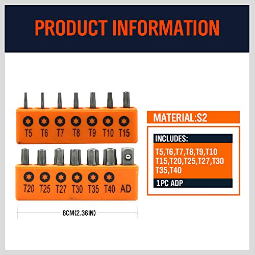 HORUSDY 14-Piece Tamper Resistant Star Bits, S2 Alloy Steel, T5 - T40 Security Torx Bit Set. (14-Piece Torx Bit Set)