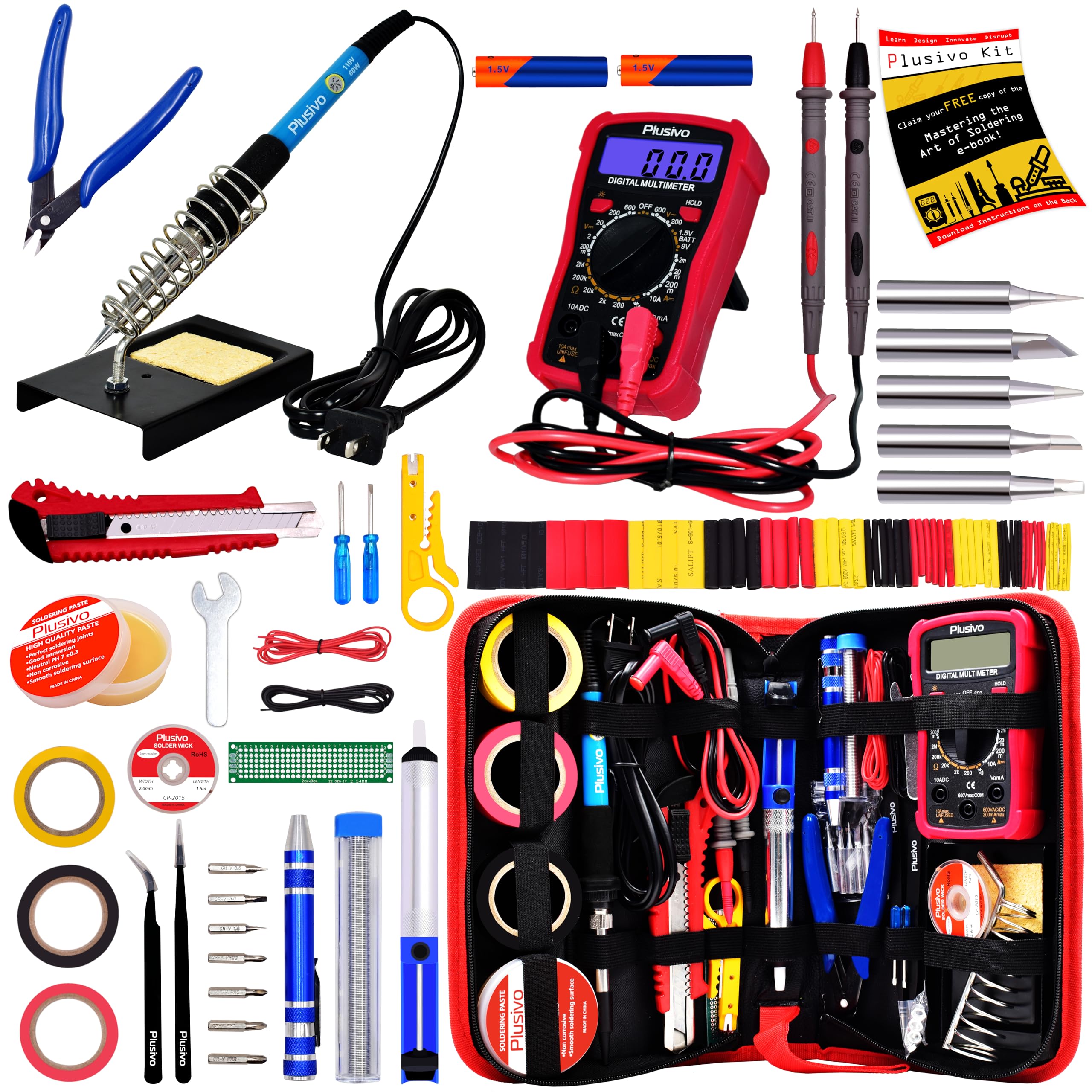 Soldering Iron Kit - 60W Adjustable Temperature, Digital Multimeter, 5pcs Soldering Tips, Solder Wire, Stand, Desoldering Pump, Solder Wick, Tweezers, Paste [110V US Plug] from Plusivo