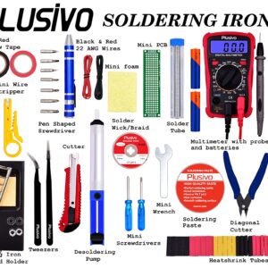 Soldering Iron Kit - 60W Adjustable Temperature, Digital Multimeter, 5pcs Soldering Tips, Solder Wire, Stand, Desoldering Pump, Solder Wick, Tweezers, Paste [110V US Plug] from Plusivo