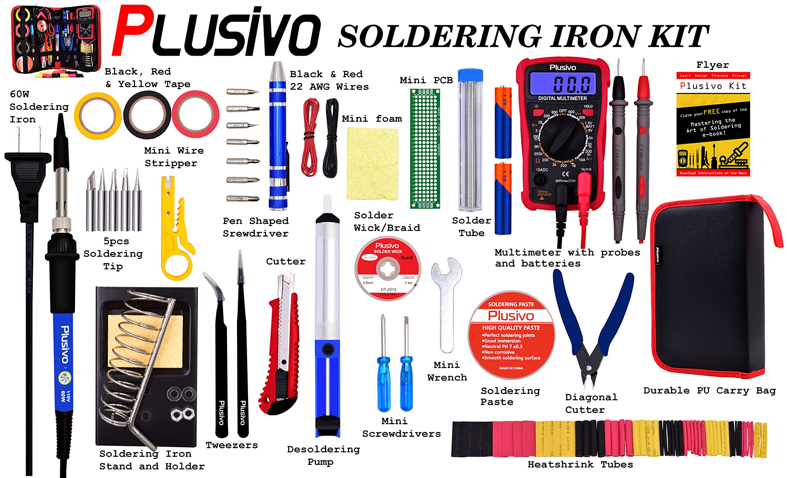 Soldering Iron Kit - 60W Adjustable Temperature, Digital Multimeter, 5pcs Soldering Tips, Solder Wire, Stand, Desoldering Pump, Solder Wick, Tweezers, Paste [110V US Plug] from Plusivo