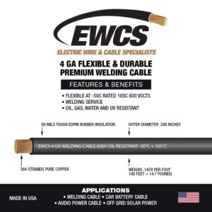 EWCS 4 Gauge Premium Extra Flexible Welding Cable 600 VOLT - Black - 20 Feet - Made in the USA