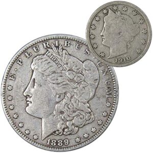 1889 o morgan dollar vf very fine 90% silver with 1910 liberty nickel g good