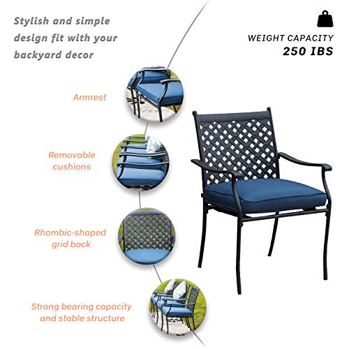 LOKATSE HOME 4 Piece Outdoor Patio Metal Wrought Iron Dining Chair Set with Arms and Seat Cushions - Blue