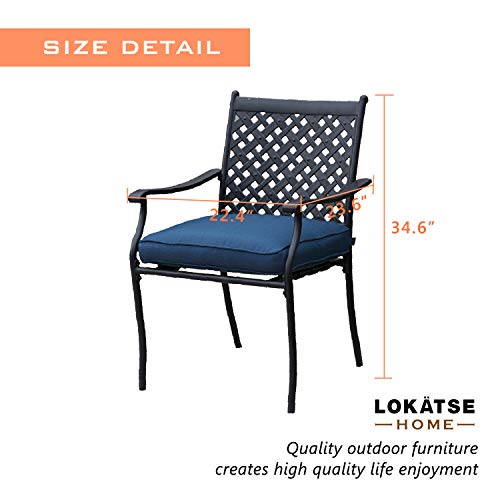 LOKATSE HOME 4 Piece Outdoor Patio Metal Wrought Iron Dining Chair Set with Arms and Seat Cushions - Blue