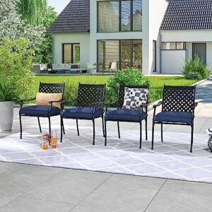 LOKATSE HOME 4 Piece Outdoor Patio Metal Wrought Iron Dining Chair Set with Arms and Seat Cushions - Blue