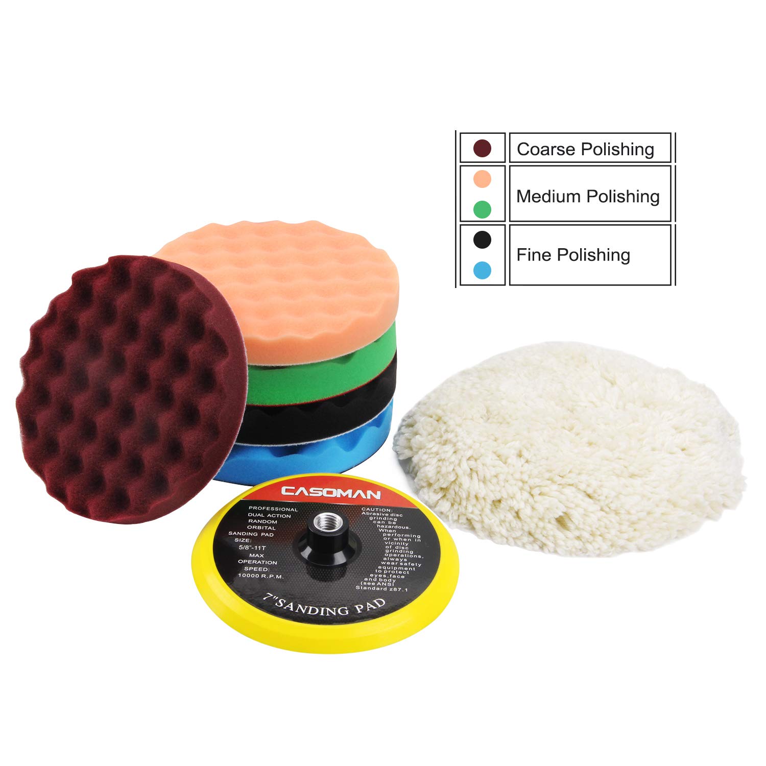 CASOMAN 7-Inch Buffing and Polishing Pad Kit, 7 Pieces 7" Polishing Sponge, Waxing Buffing Pad Kit