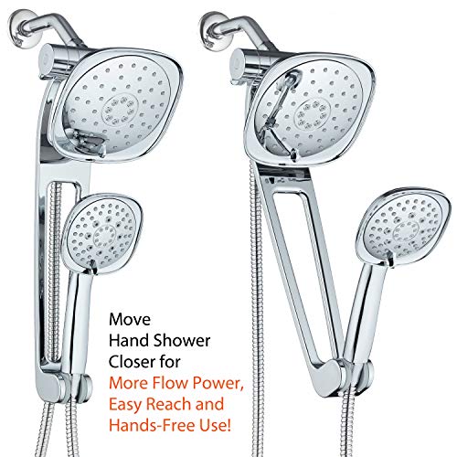 AQUABAR High Pressure Square 3-way Luxury Spa Combo System with Adjustable 18" Extension Arm for Easy Reach & Mobility - Use 7.5" Rain & Handheld Shower Head Separately or Together/All-Chrome Finish